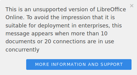 Schermata di avviso che segnala una versione non supportata di LibreOffice Online